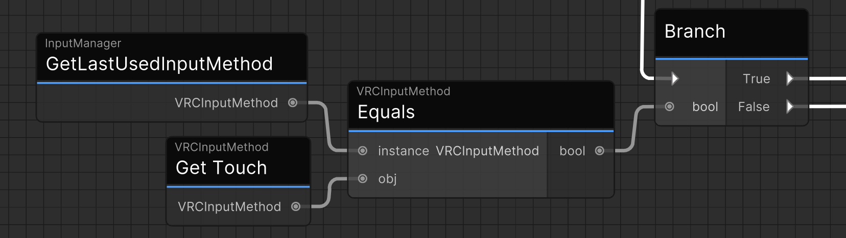 A screenshot of an Udon Graph. GetLastUsedInputMethod is used to branch the execution based on whether the inputMethod parameter is Touch.