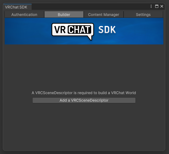 Adding a scene descriptor automatically via the VRChat SDK build panel.