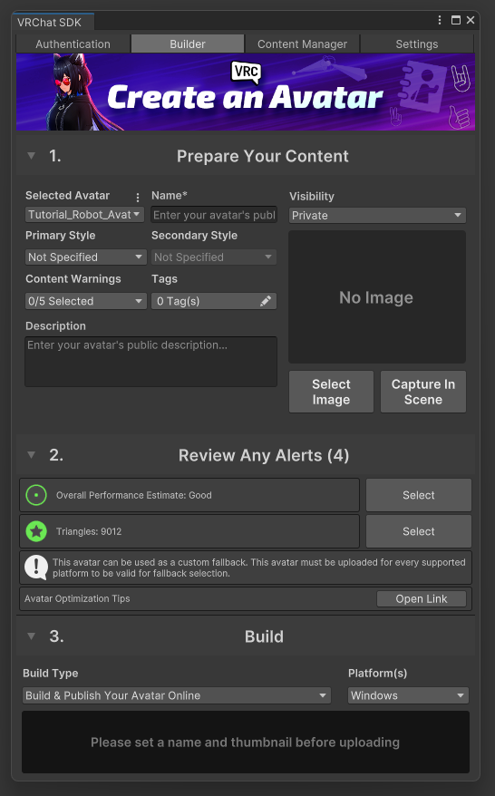 The VRChat SDK build panel.