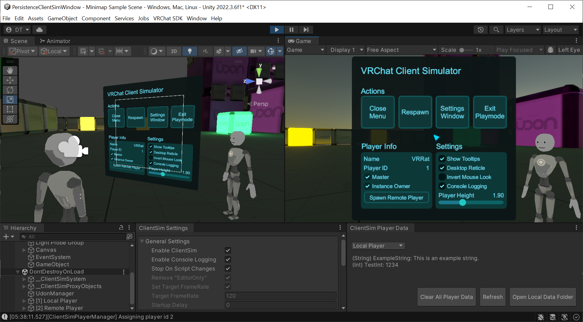 ClientSim screenshot. The Scene view shows the local player and a remote player. The Game view shows ClientSim&#39;s &quot;Pause&quot; menu, with buttons to respawn the player, spawn remote players, close the menu, and various other options. The ClientSim Settings window and PlayerData window are also visible.