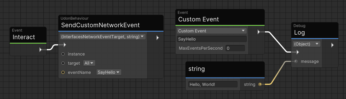 Udon graph for an object that logs a message when it is interacted with.
