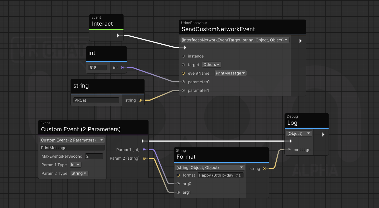 Udon graph that sends an event with 2 parameters of different types on Interact.