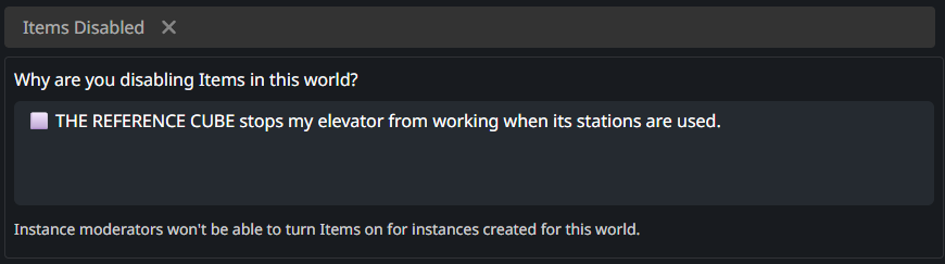 World Details page with Items Disabled
