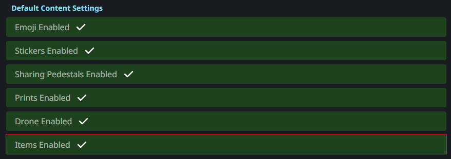 World Details page with Items Enabled
