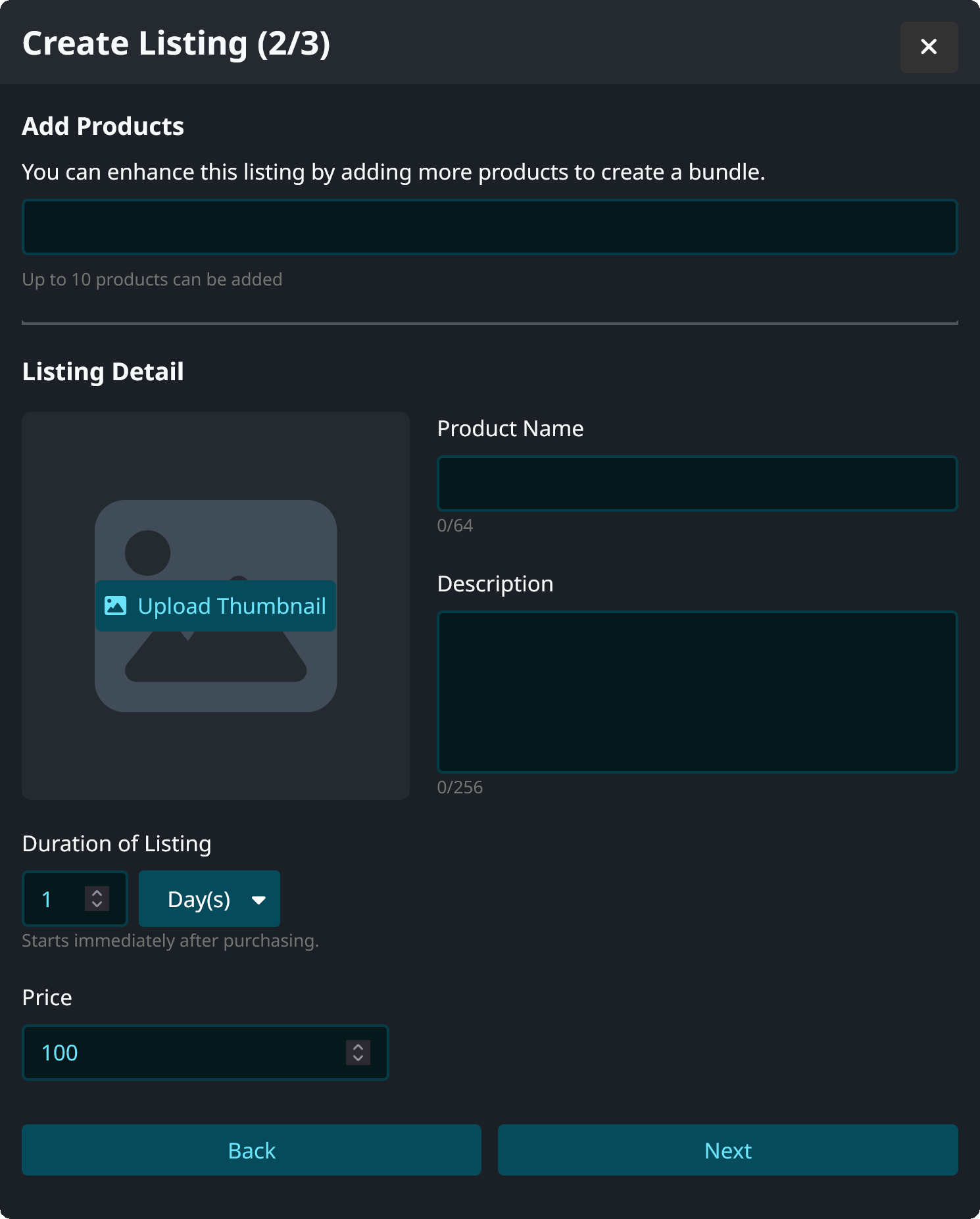 Create listing screen on VRChat.com