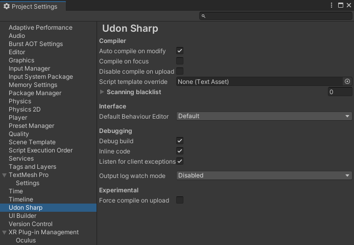 UdonSharp Settings window