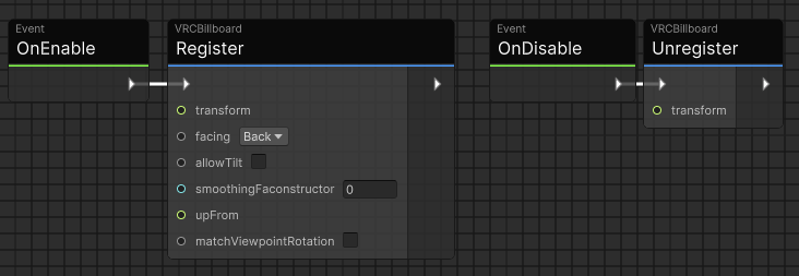 Udon graph that registers the object for billboarding on OnEnable and unregisters it on OnDisable.