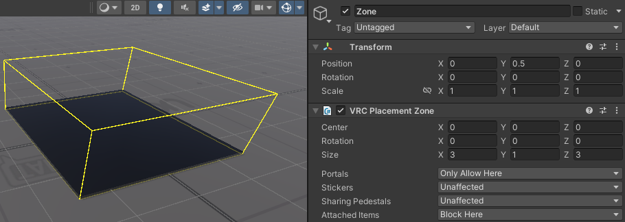 The VRC Placement Zone component in the Unity inspector