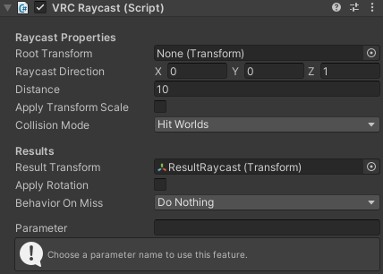 The VRC Raycast component in the Unity inspector