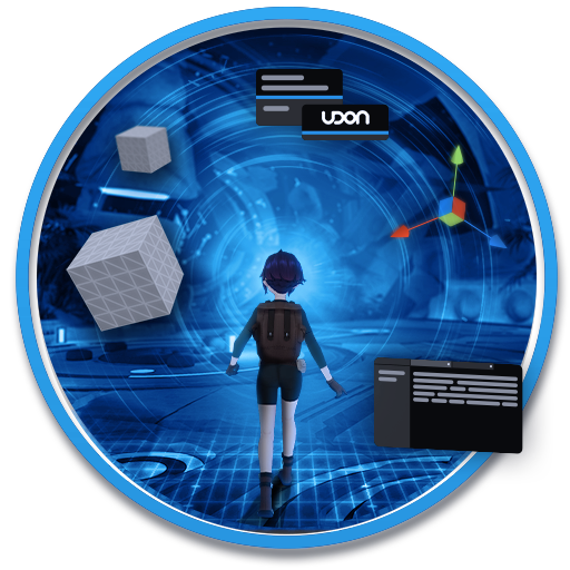 An avatar with a backpack walks into a blue, holographic world. It's surrounded by floating objects from Unity and Udon.